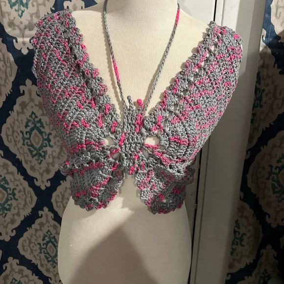Gray and Pink Crochet Butterfly Top - Picture 3 of 3